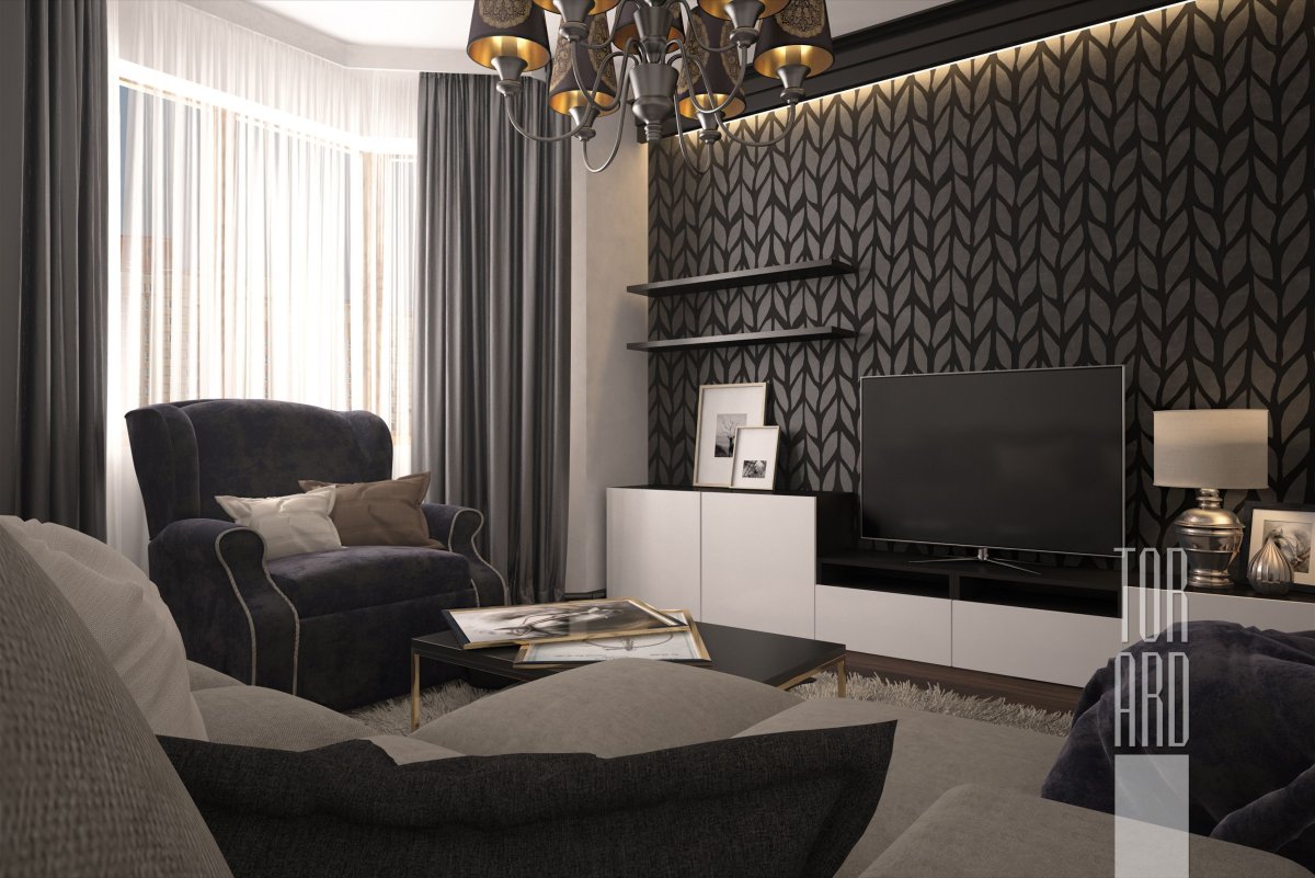Гостиная с темными обоями