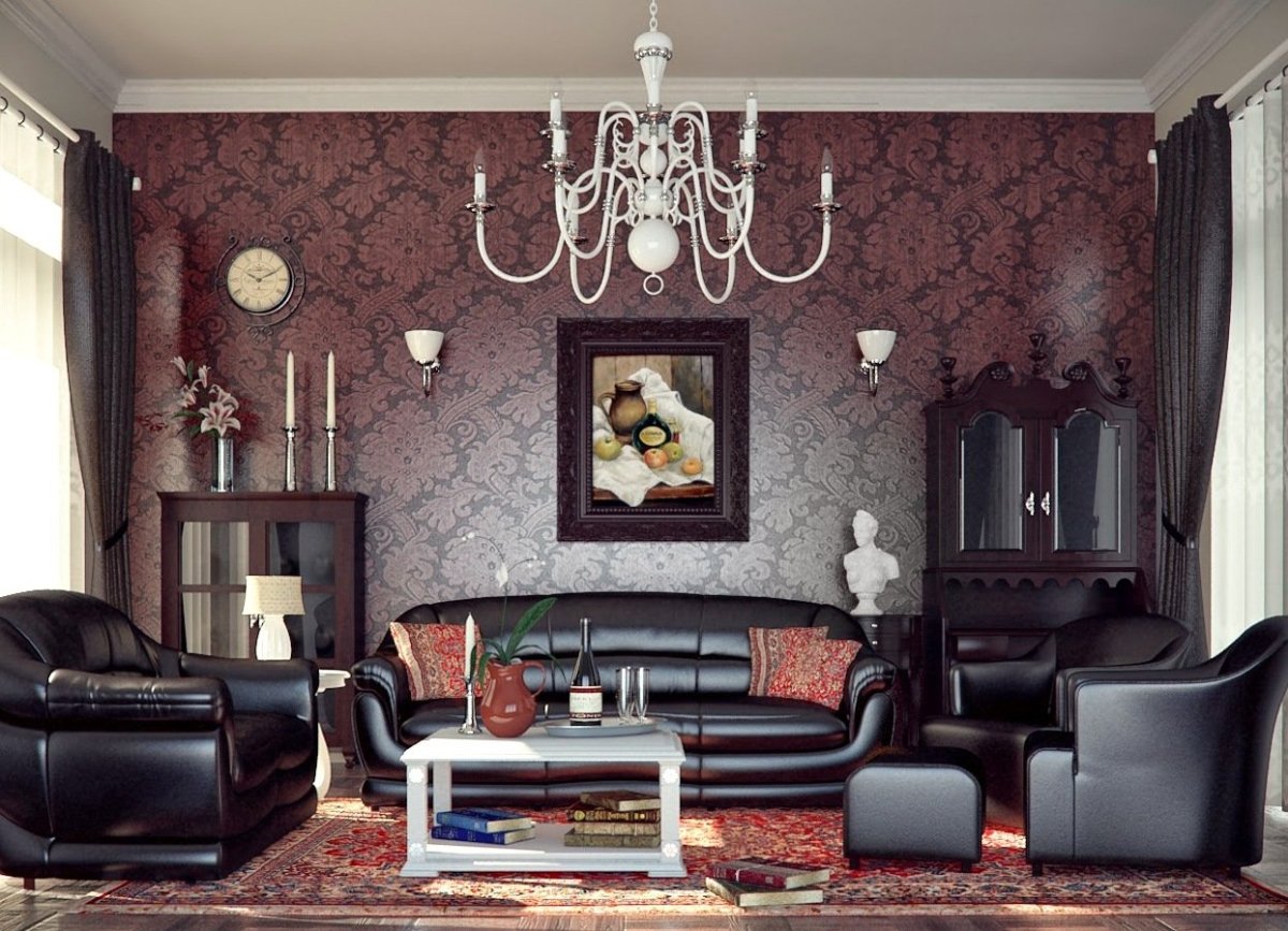 Тёмные обои в гостиной