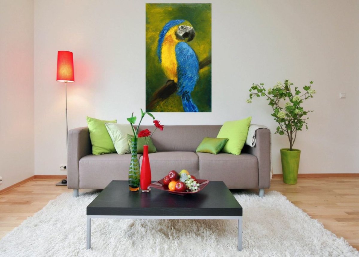 Живопись на круглом холсте попугай