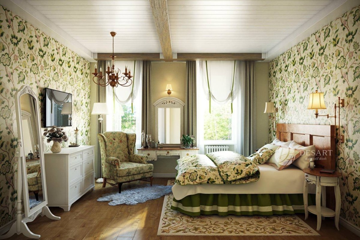 Интерьер спальни мансардной стиль Прованс