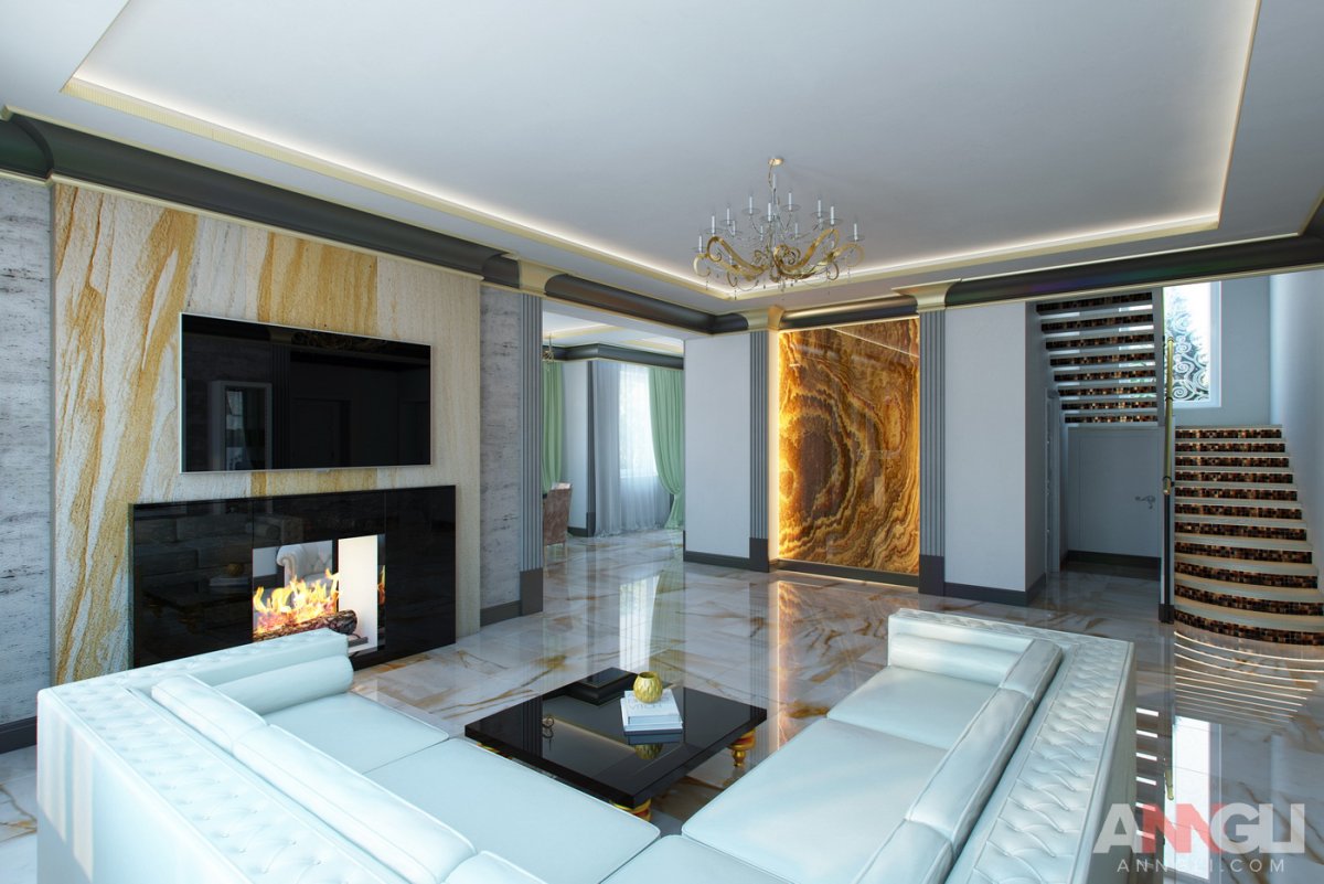 Гостиная с мраморной стеной