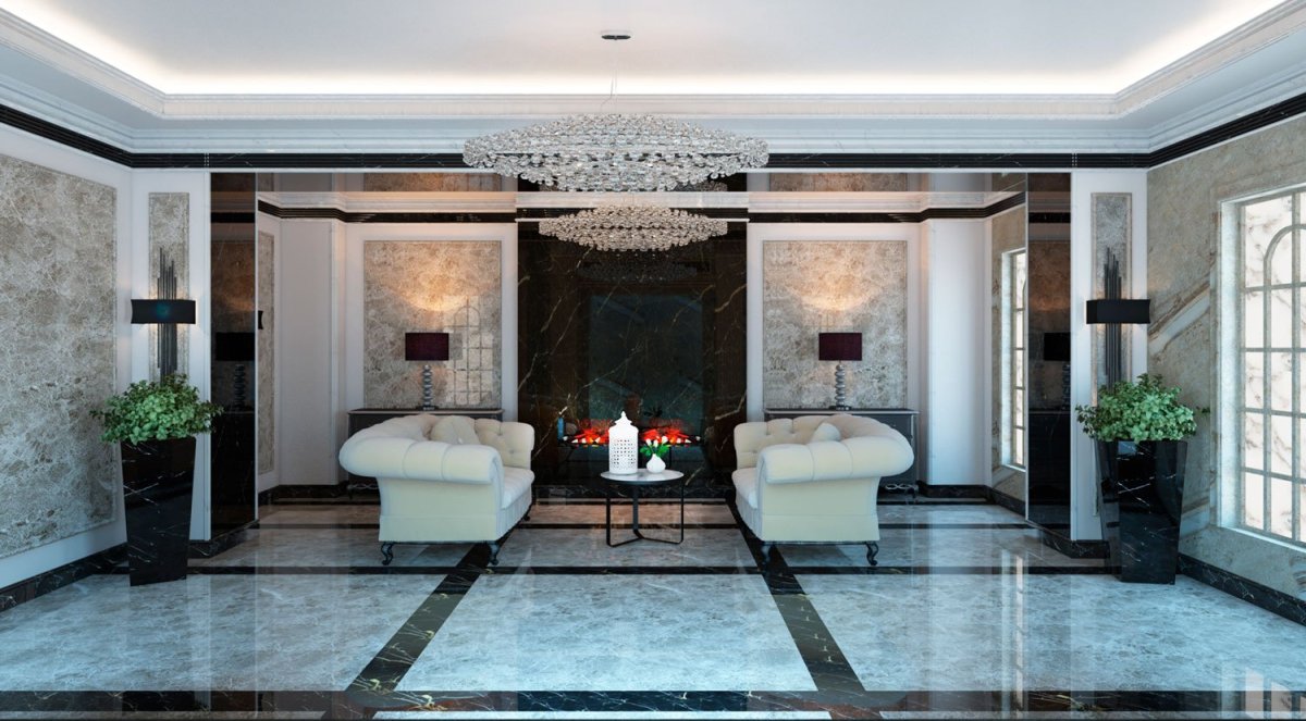 Отделка стен мрамором в гостиной