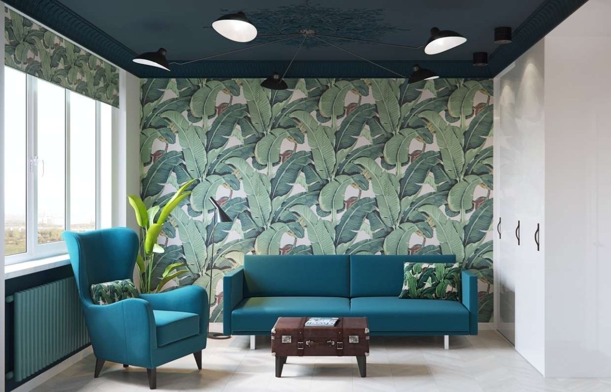 Обои с листьями в интерьере гостиной