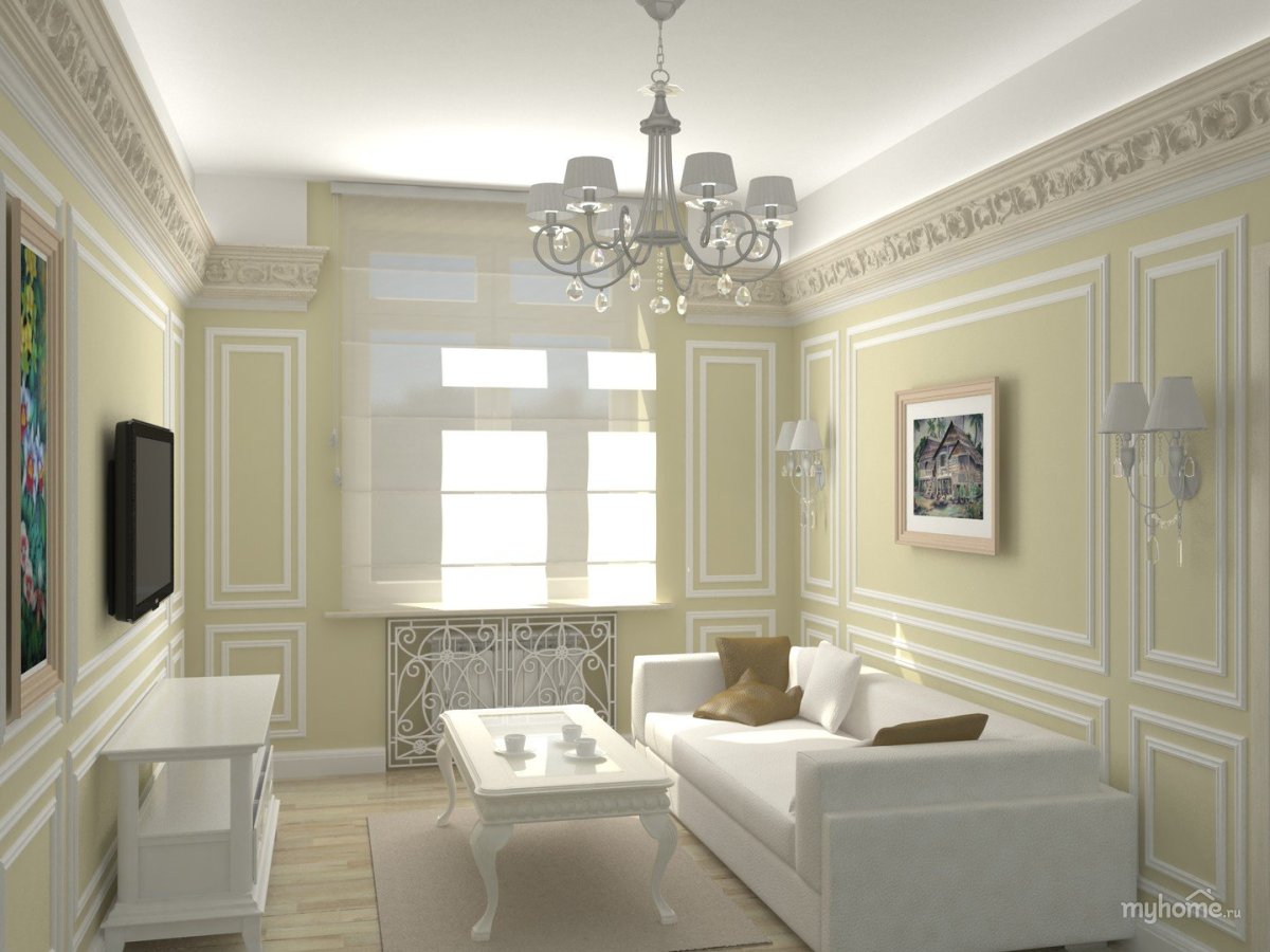 Гостиная в светлых тонах с молдингом