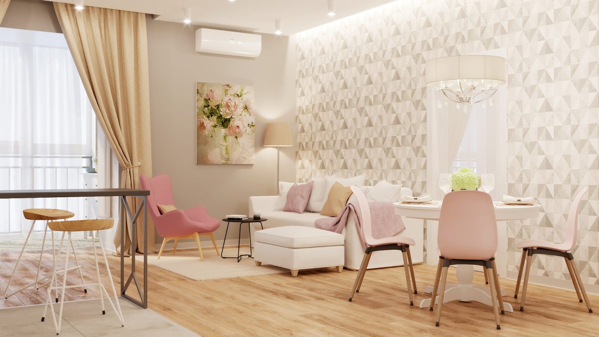 Кухня в пудровых тонах с диваном