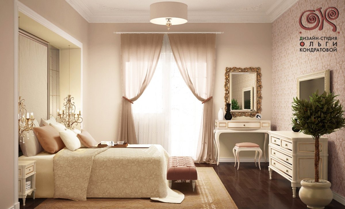 Спальня в бежево-сиреневых тонах