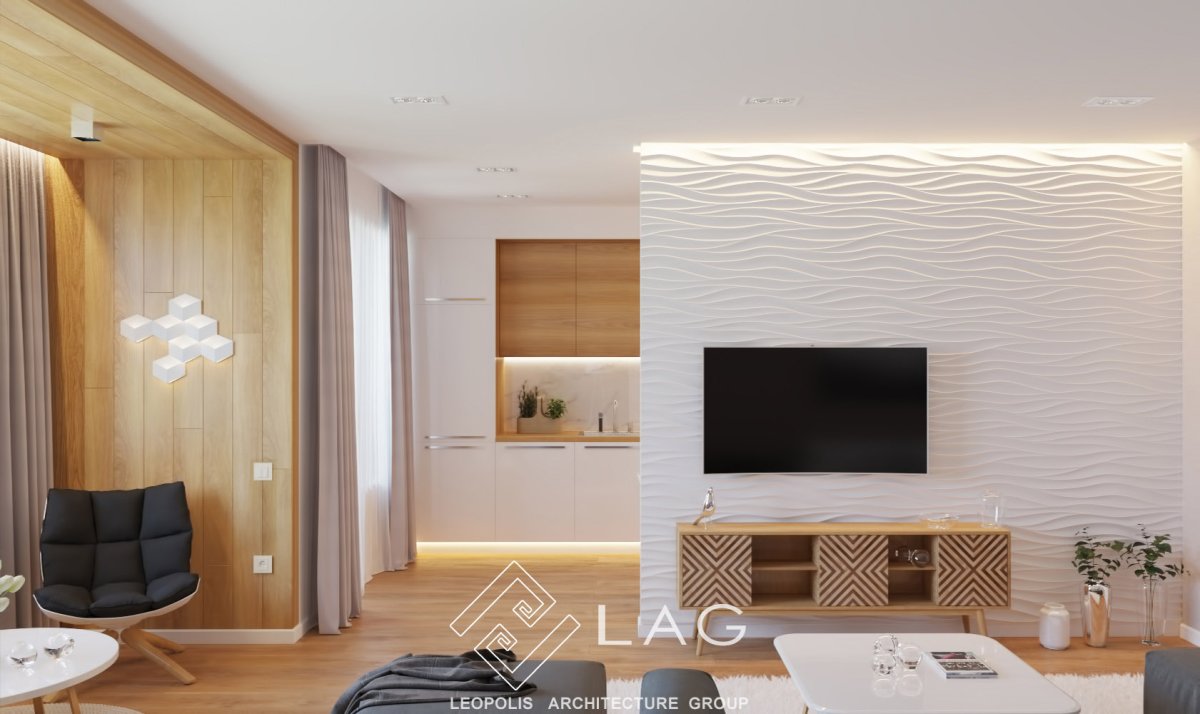 Гостиная 3д панель с камином