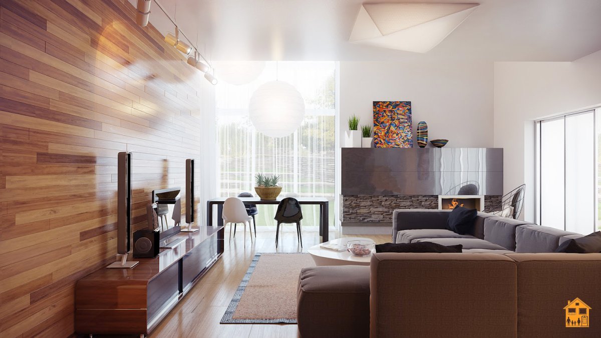 Ламинат на стене в гостиной