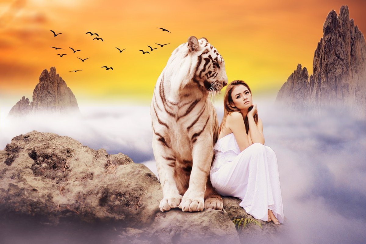 Красивая девушка с тигром