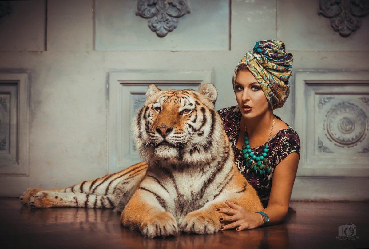 Красивая девушка с тигром