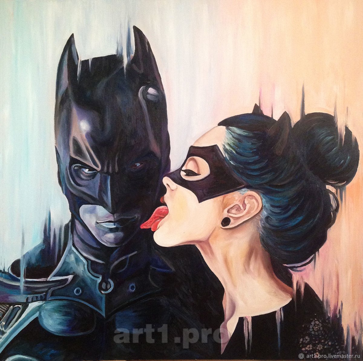 Бэтмен и женщина кошка акрилом на холсте