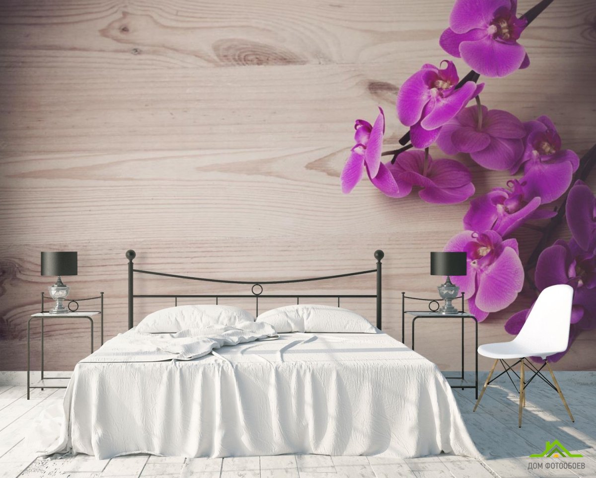 Фотообои в спальню с сиреневыми орхидеями