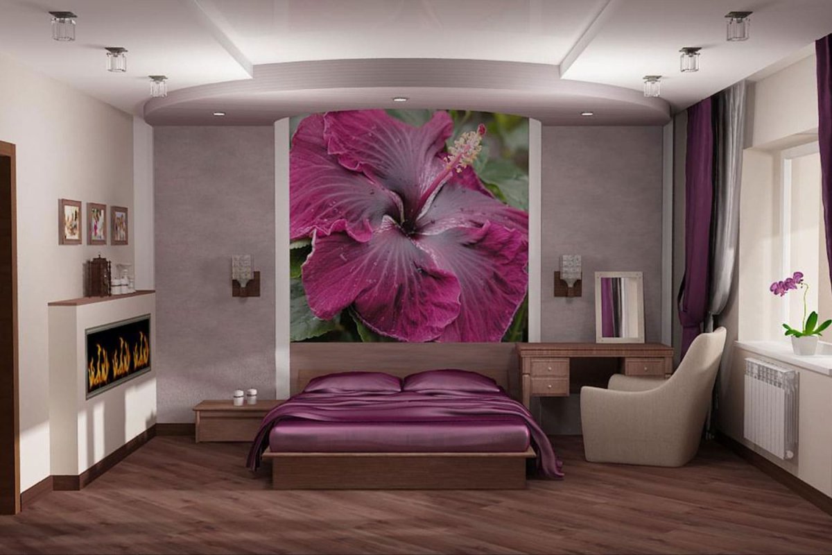 Сиреневые фотообои в спальне