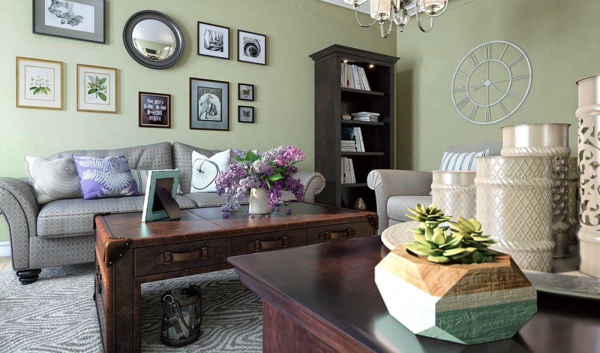 Гостиная с оливковыми стенами