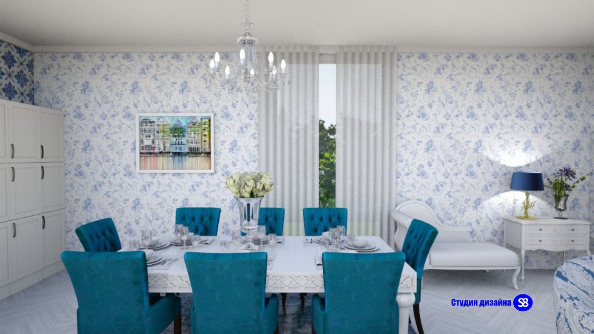 Обои на кухню в голубых тонах