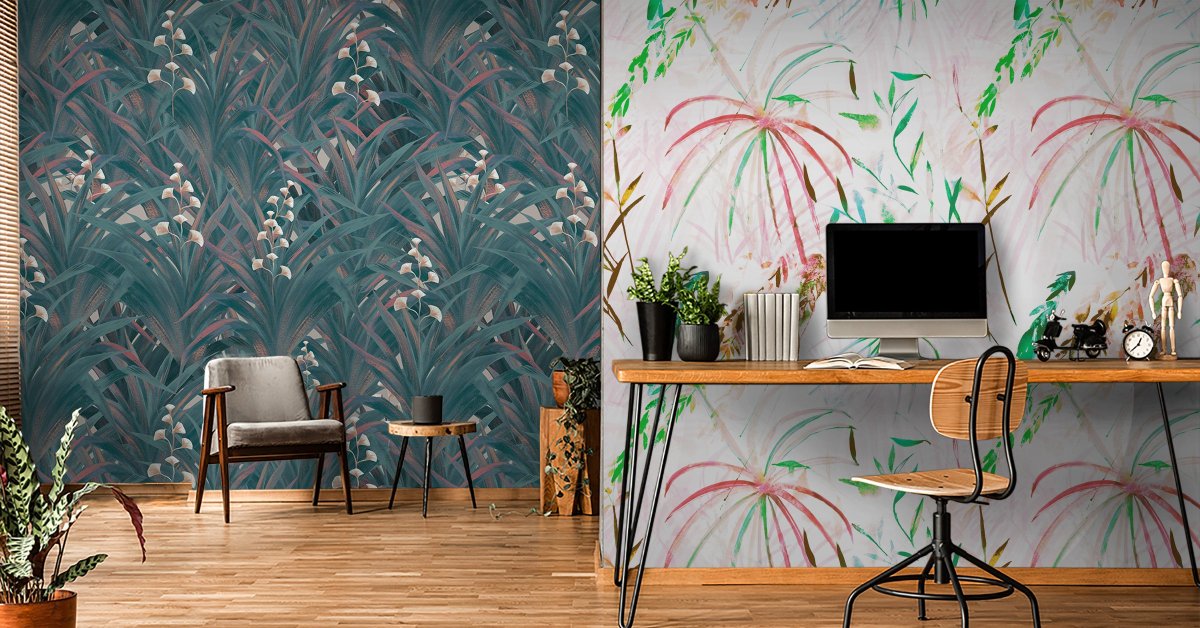 Листья на стене в интерьере