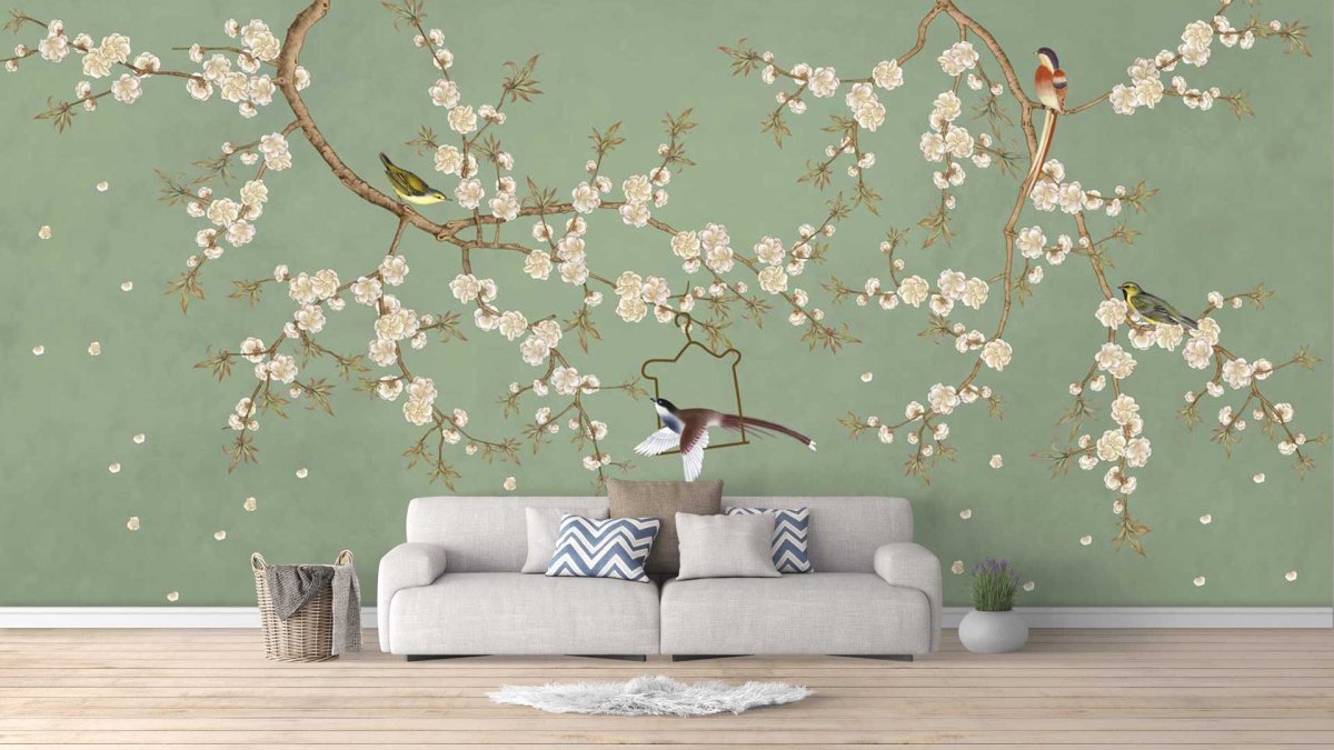 Обои с птичками в интерьере гостиной