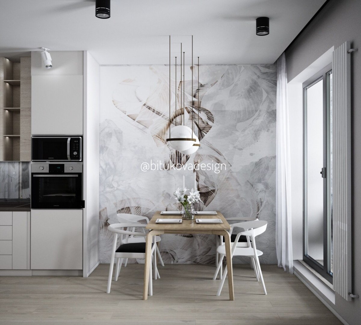 Обои с перьями в интерьере кухни