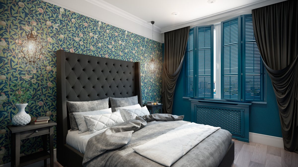 Бирюзовая спальня с темной мебелью