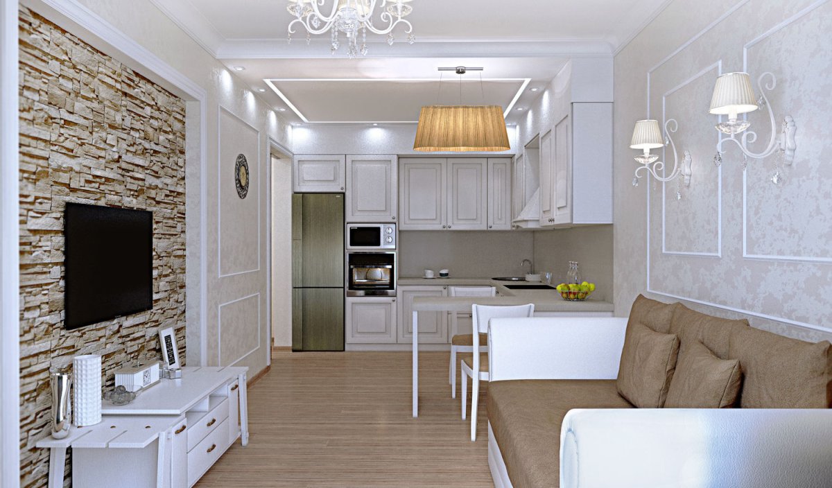 Зонирование кухни с диваном