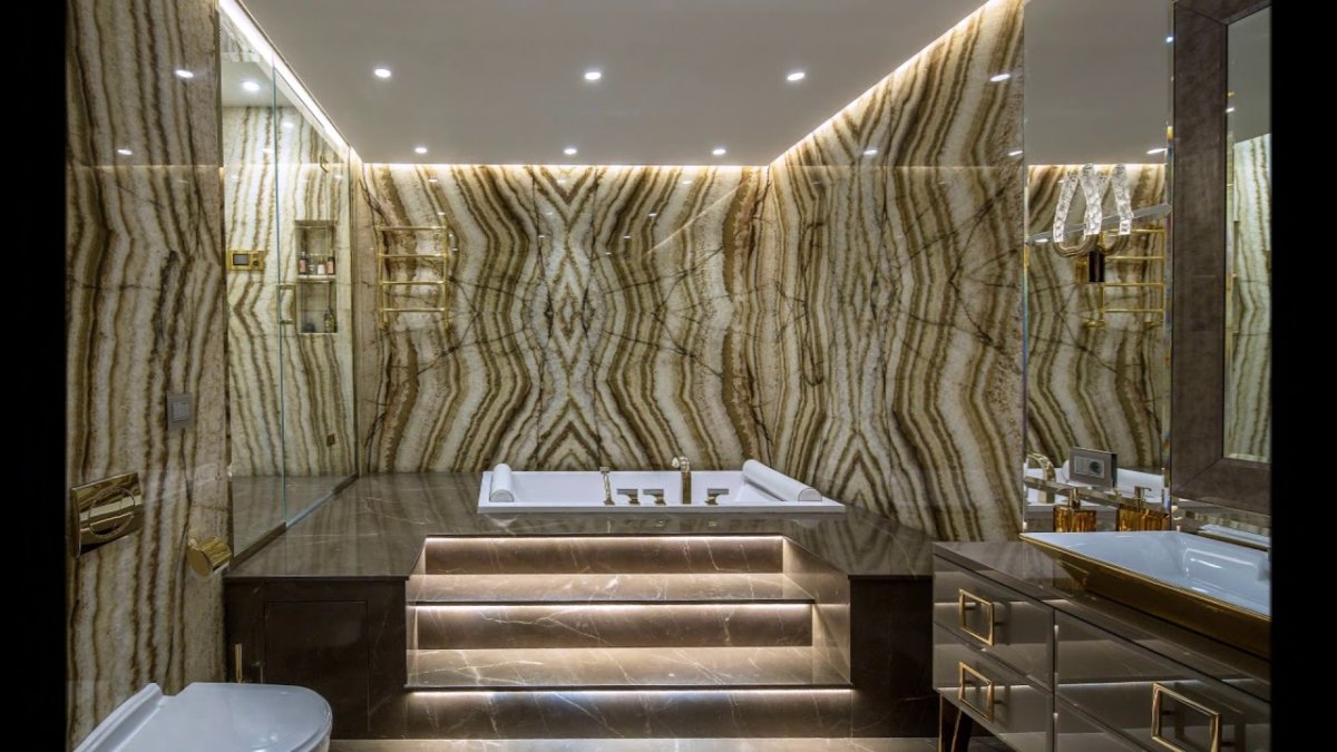 Слэбы мрамора в интерьере ванной