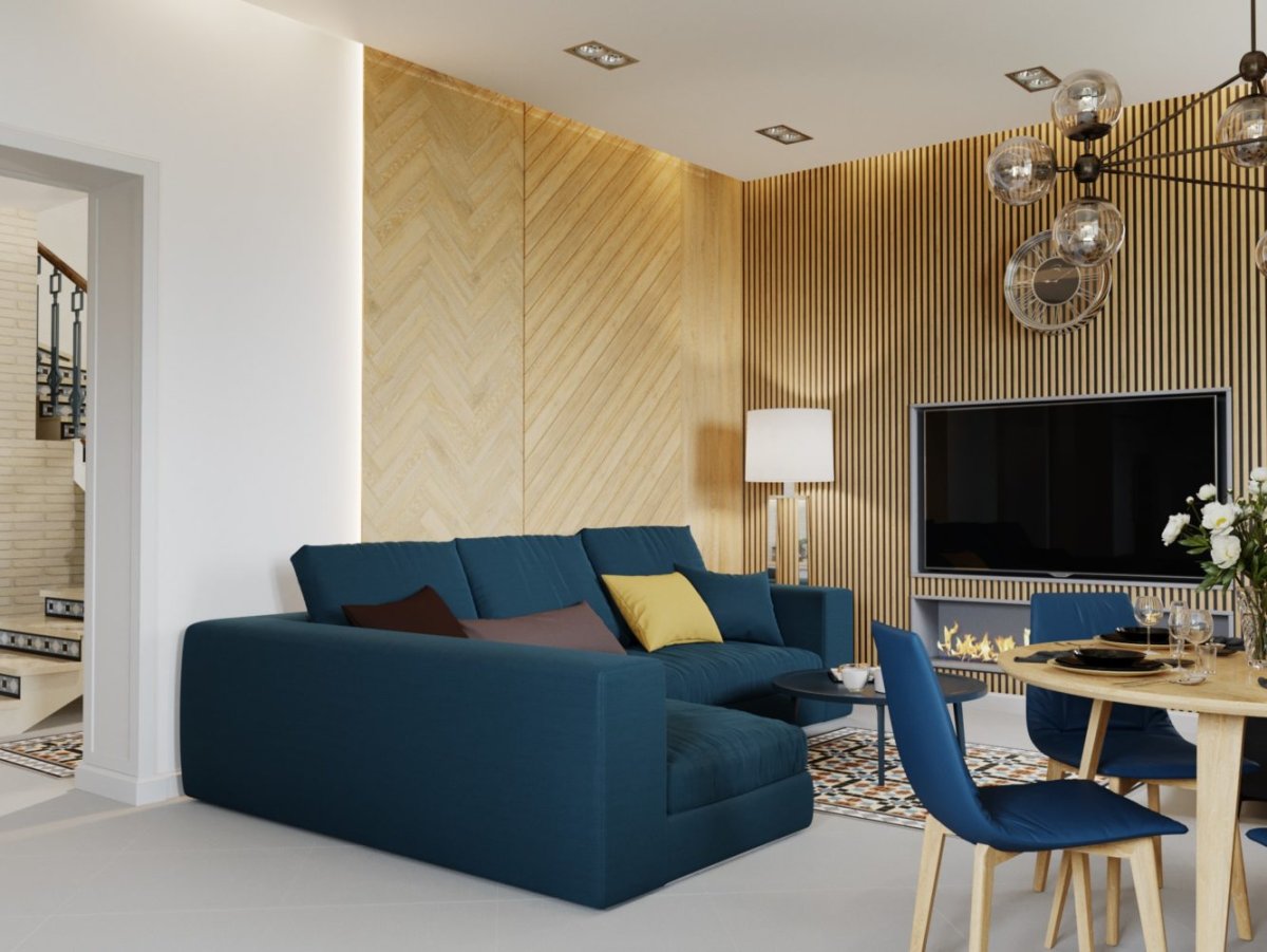 Деревянная акцентная стена в гостиной