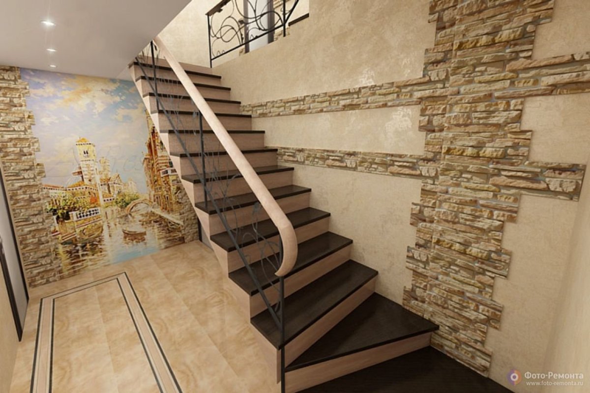 Декоративный камень в интерьере лестницы