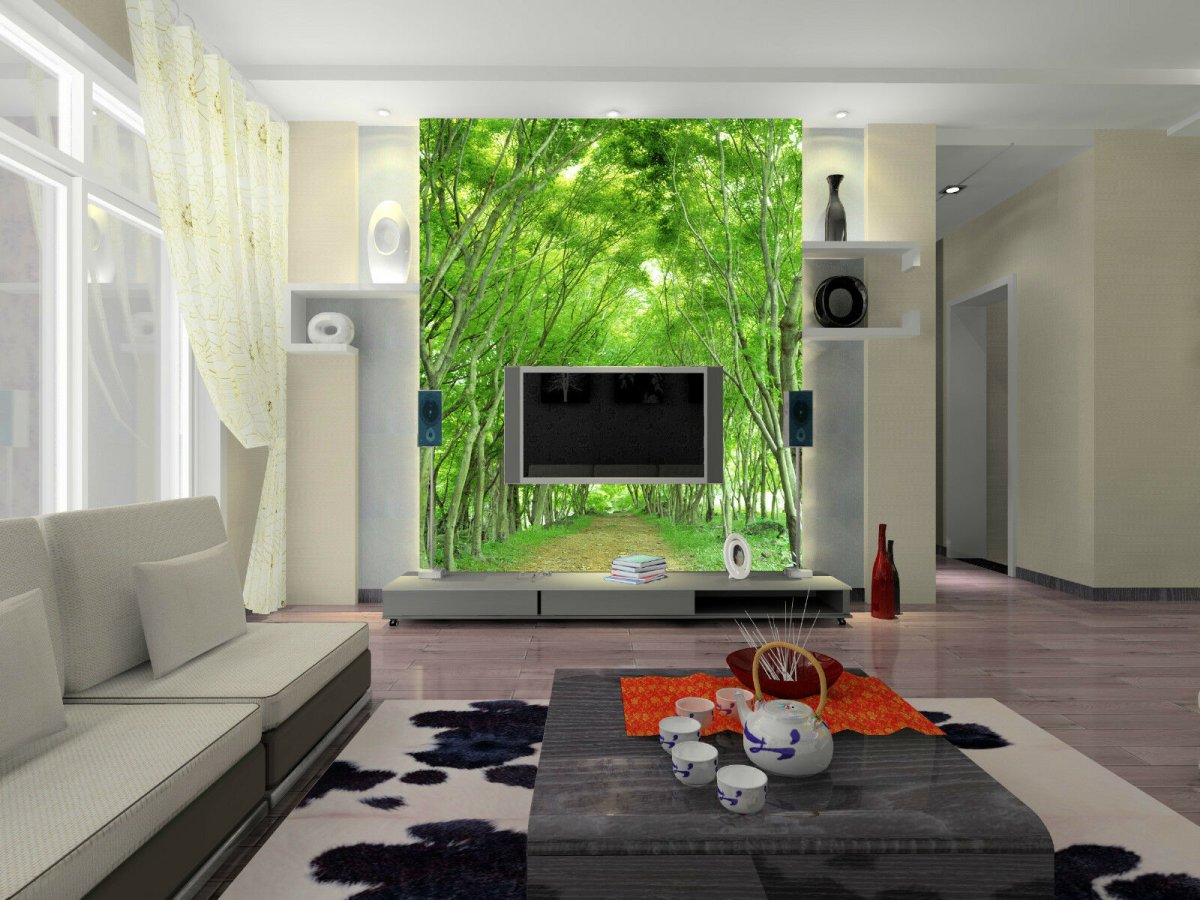 Фотообои в интерьере гостиной возле телевизора