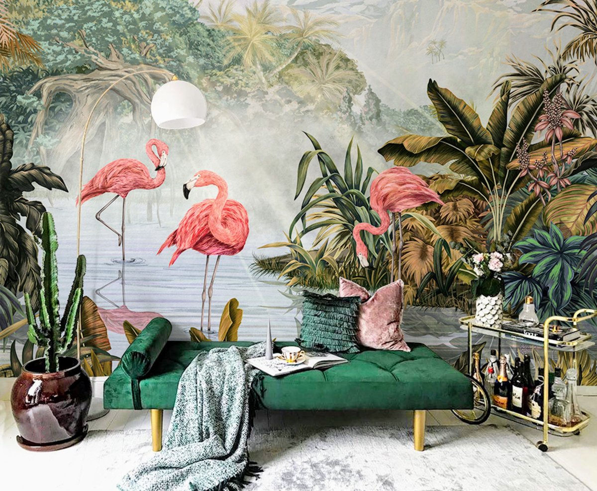 Обои с Фламинго для стен в интерьере