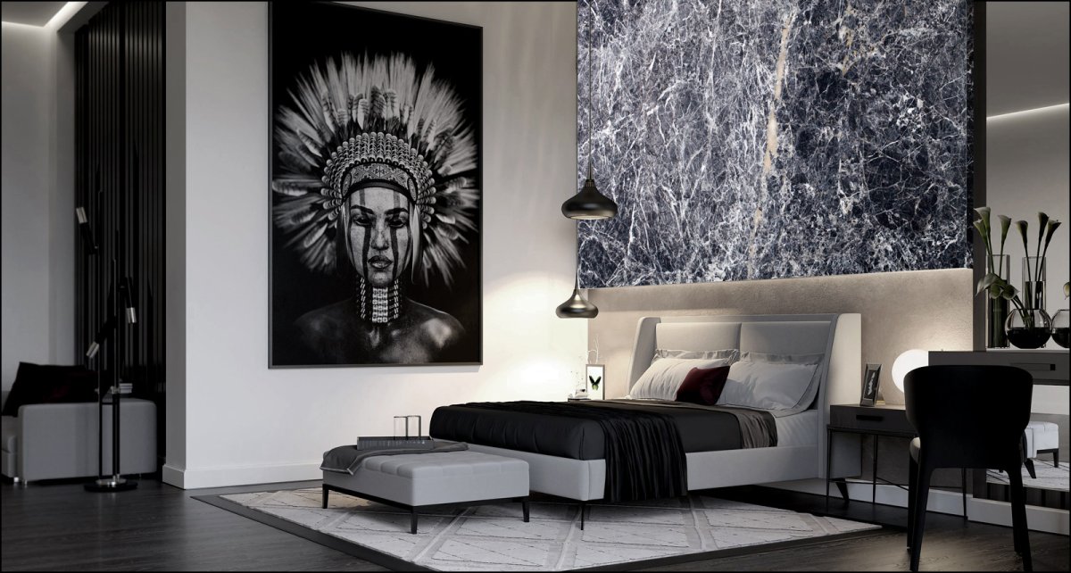 Мрамор в интерьере спальни