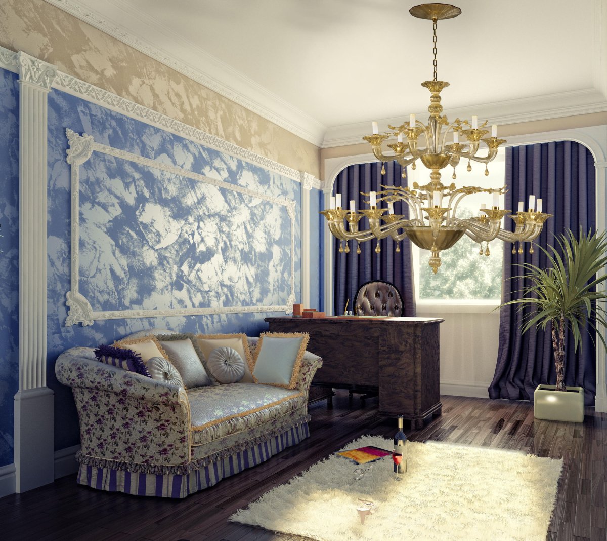 Молдинги в гостиной с обоями