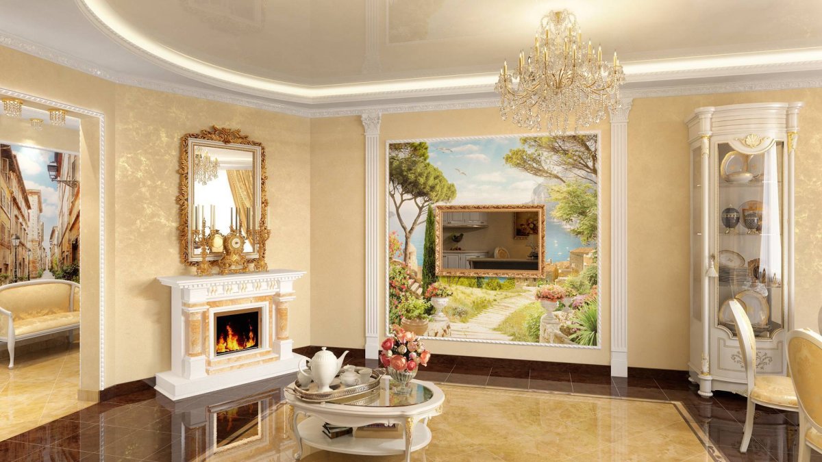 Фреска в интерьере гостиной в классическом стиле
