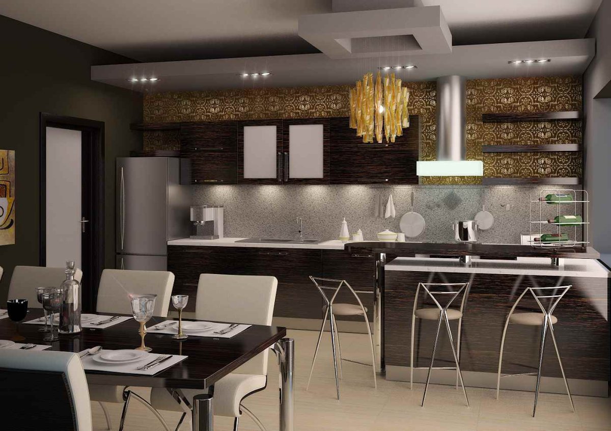 Кухонный гарнитур коричневого цвета