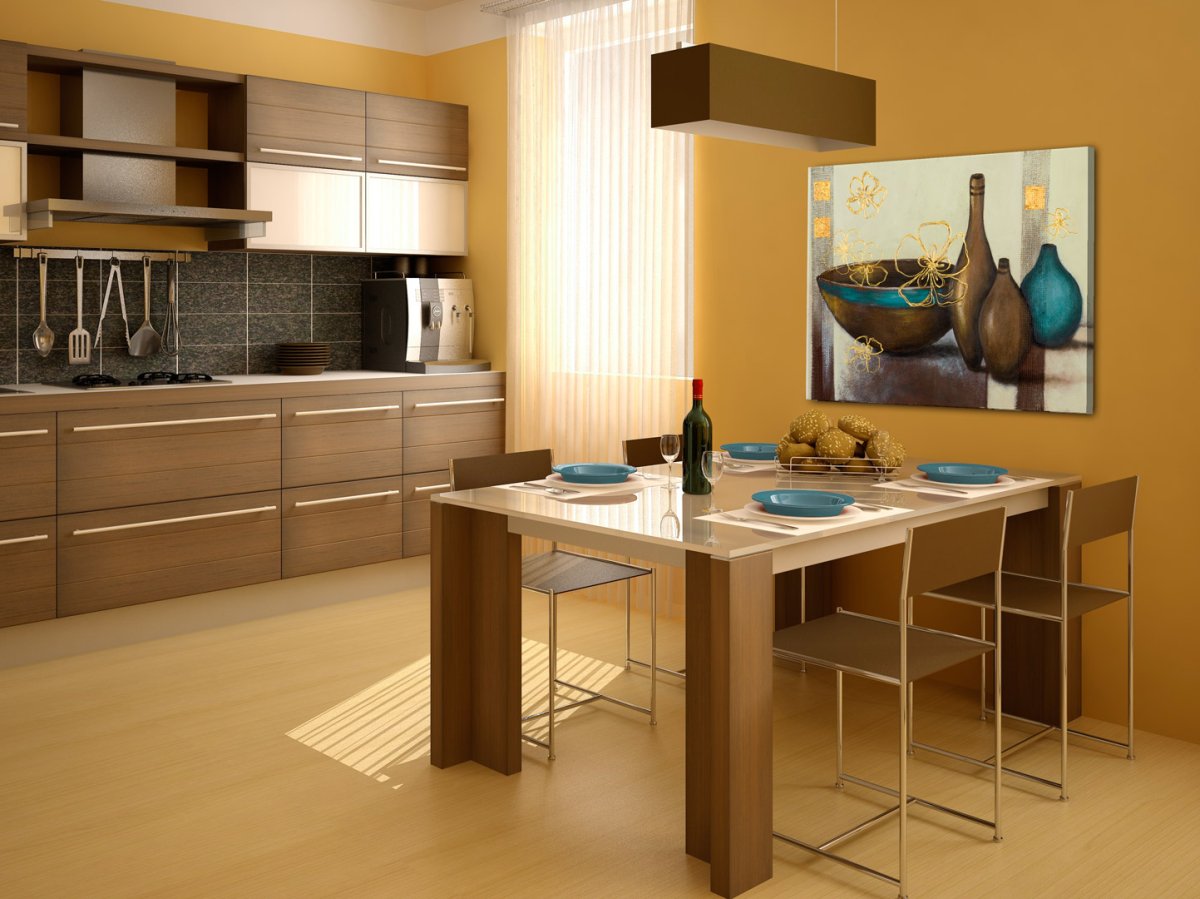 Интерьер кухни с коричневым окном