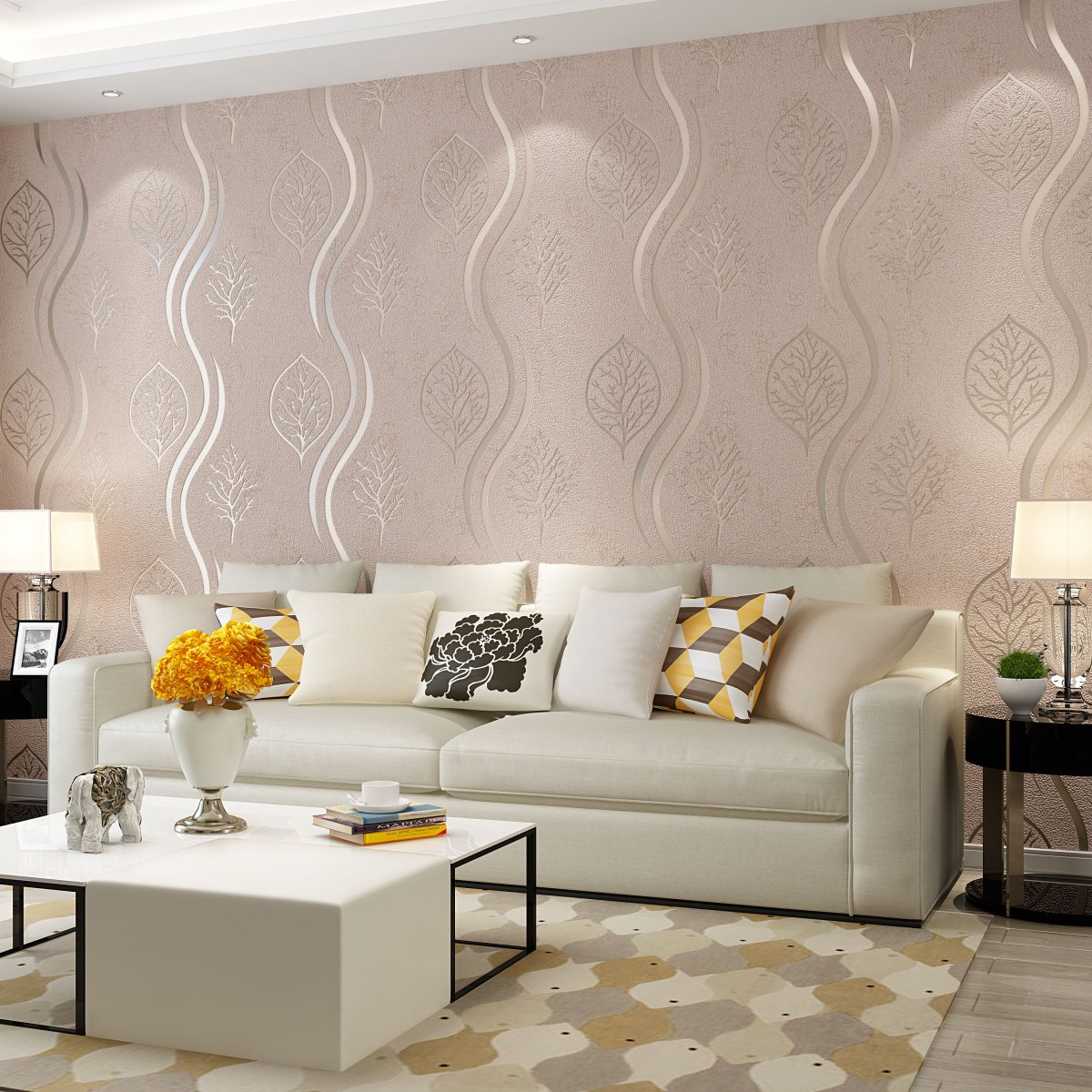 Обои шелкография для стен в интерьере гостиной