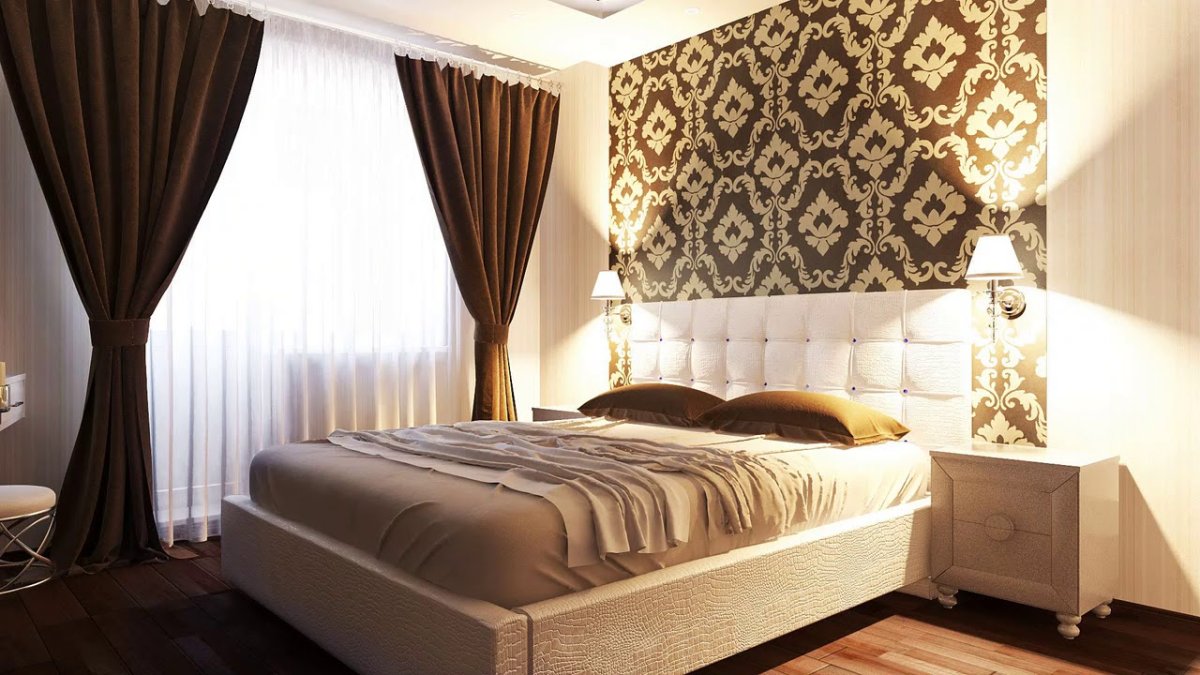 Шоколадные шторы в интерьере спальни