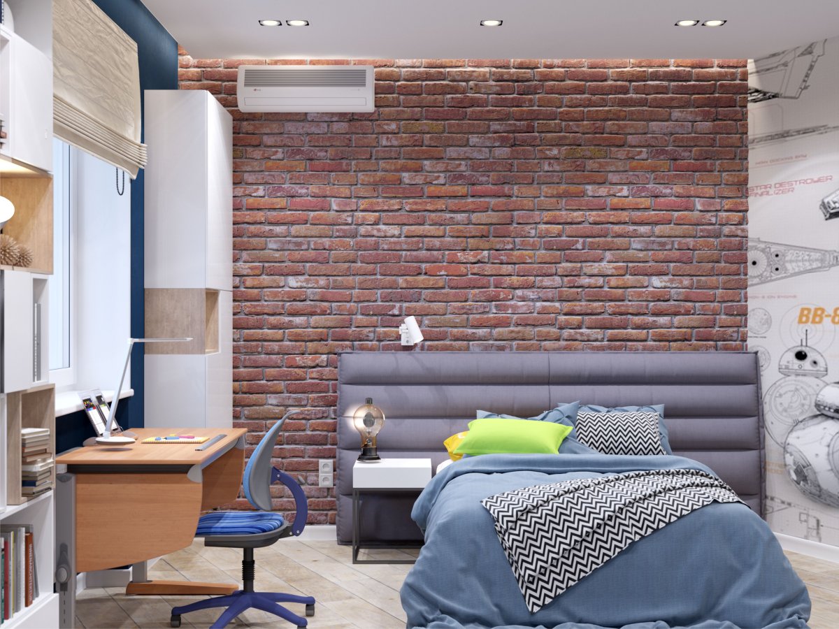 Кирпичная стена в интерьере спальни подростка