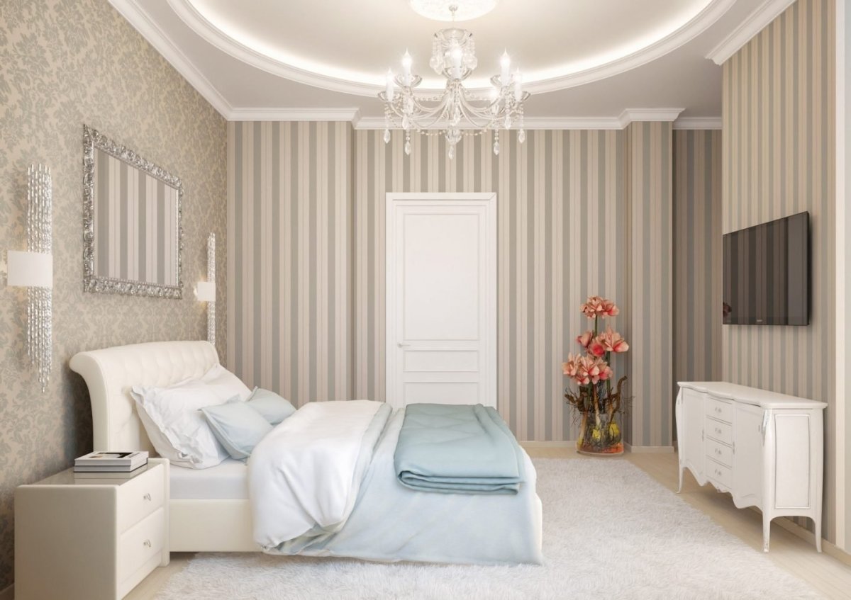 Серебряные обои в спальне