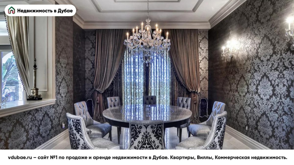 Синие обои с вензелями в интерьере