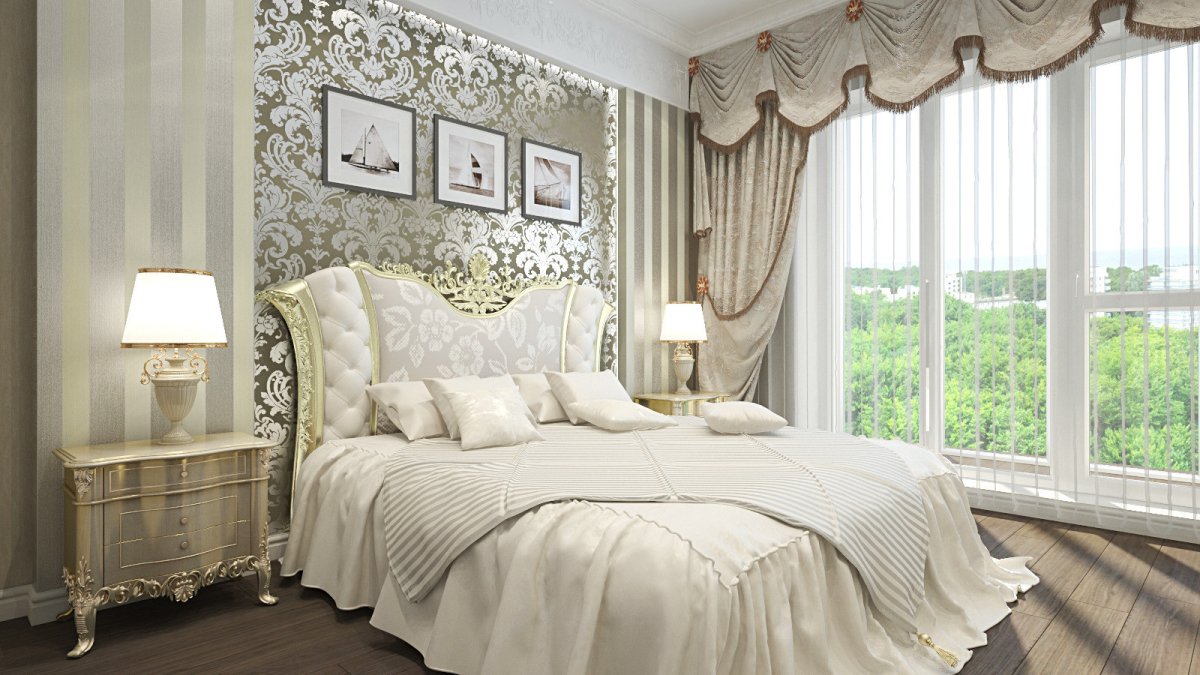 Дизайн спальни вензеля и полоска