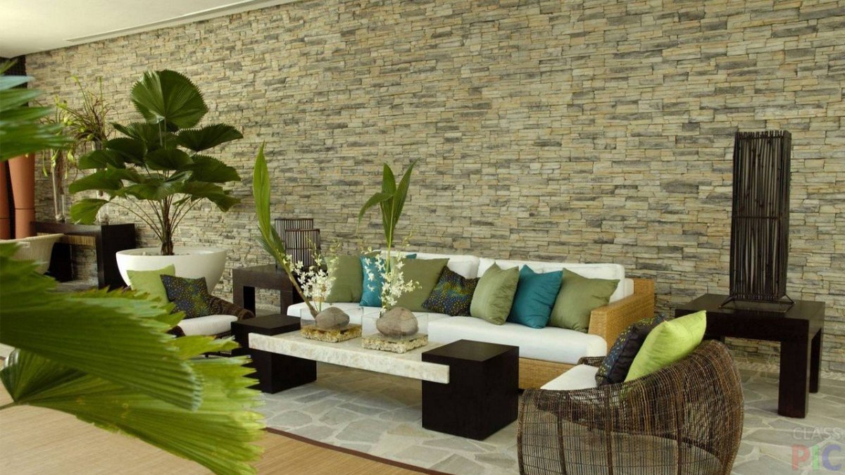 Натуральные обои в интерьере гостиной