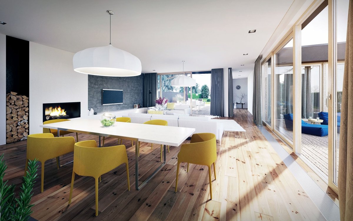 Современный одноэтажный дом с панорамными окнами интерьер