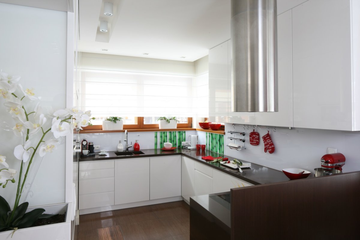 Современная кухня белая с газовым котлом мойка у окна