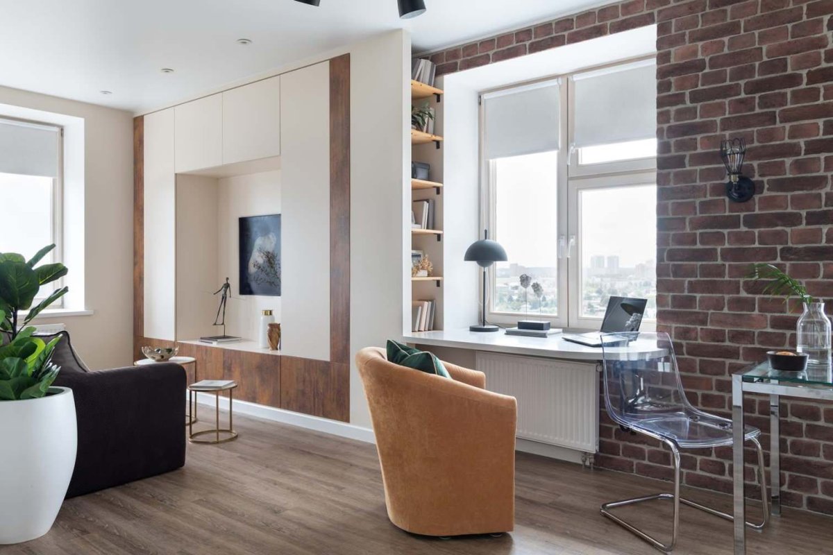 Интерьер гостиной с рабочим местом