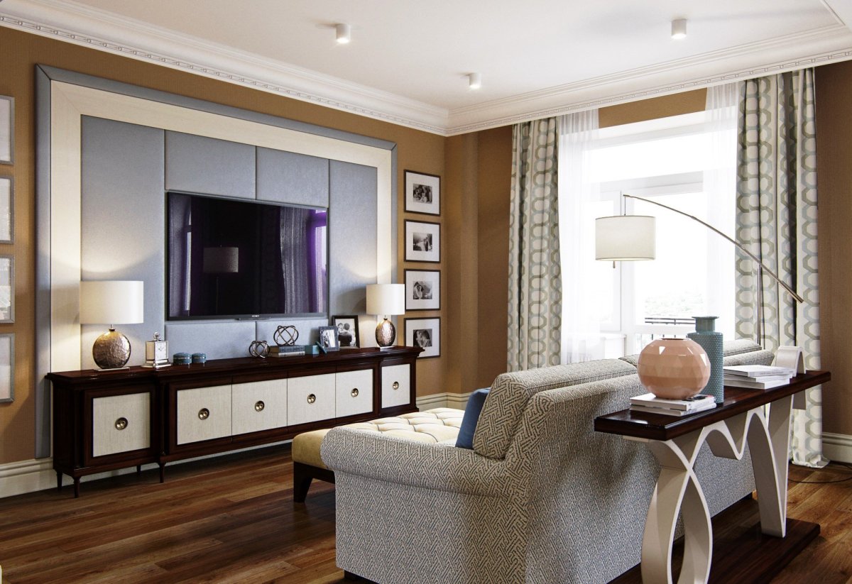 Гостиная с ТВ зоной в стиле современная классика