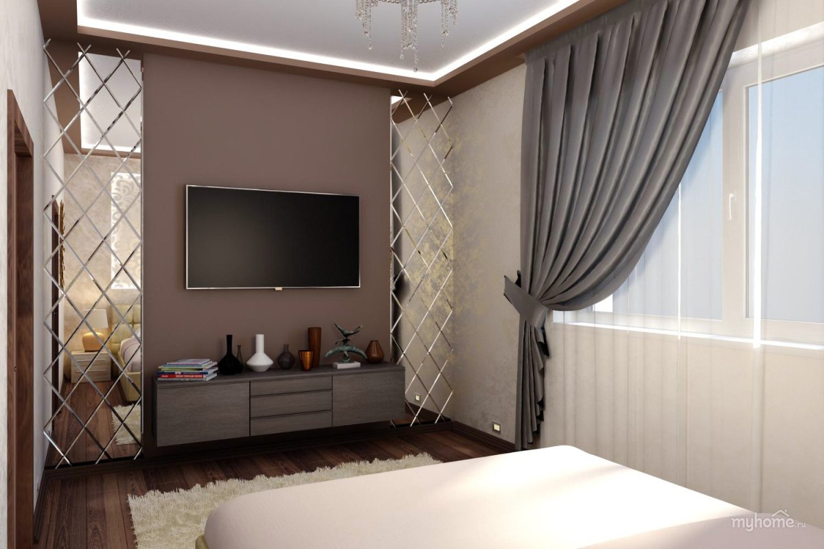 Зеркальная плитка в спальне у телевизора