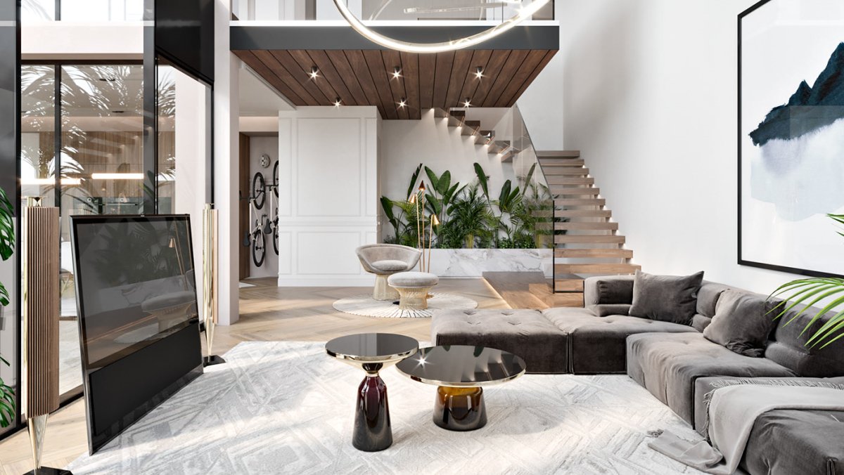 Двухуровневая гостиная с панорамными окнами