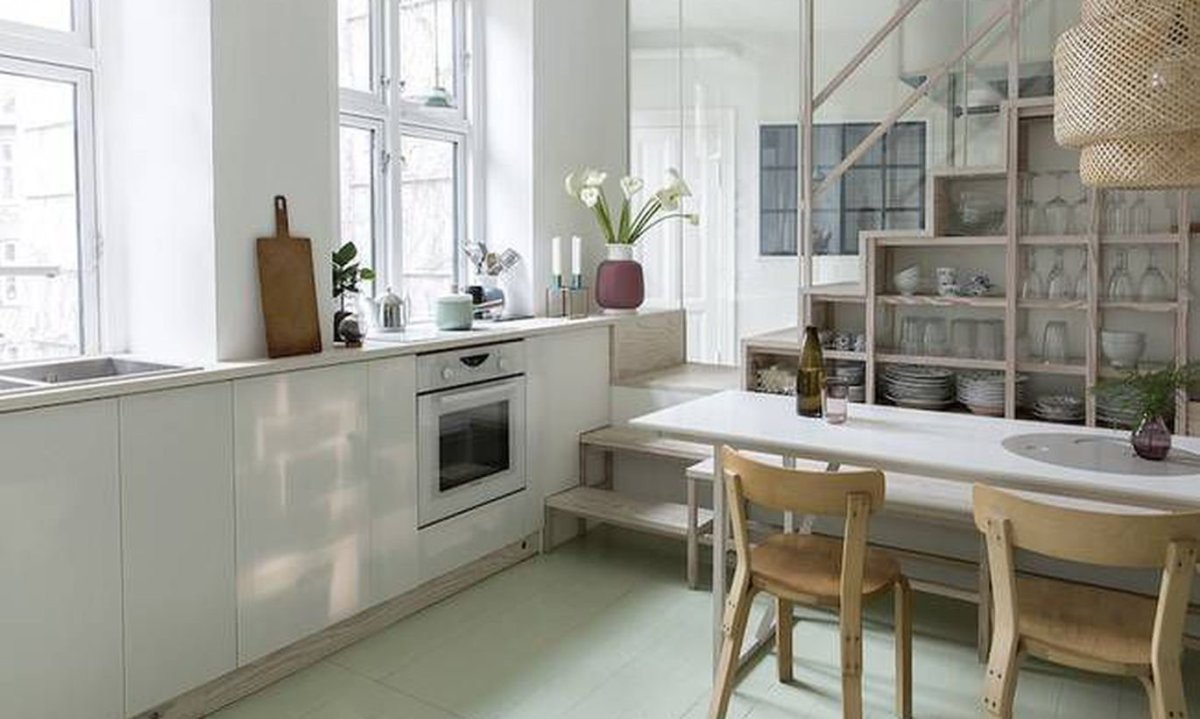 Голубая кухня с деревянной столешницей