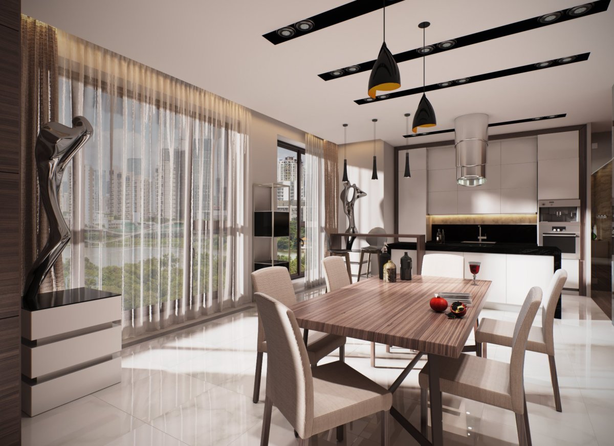 Гостиная столовая с панорамными окнами