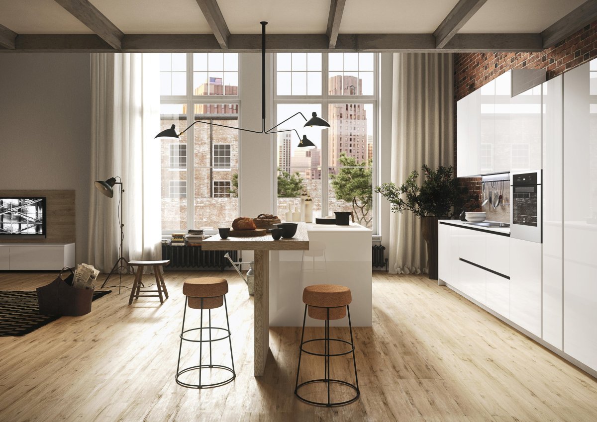 Кухни-гостиные лофт в светлых тонах